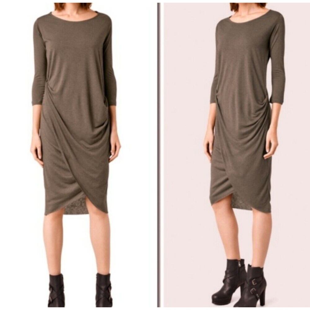Allsaints Warp Sleeve Dress Midi Ruched Draped Khaki Green Size 8‎ Needs TLC